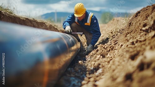 Construction Worker Inspecting Pipeline in Trench photo