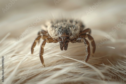 Detailed macro shots of tick crawling on dog fur, highlighting potential danger of parasites and importance of pet care, evoking concern for pet health and safety