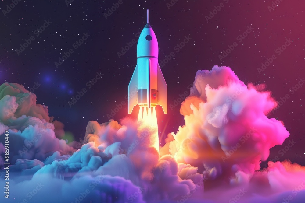Naklejka premium A colorful rocket launching through vibrant clouds in a starry sky, showcasing a blend of pink, blue, and purple hues