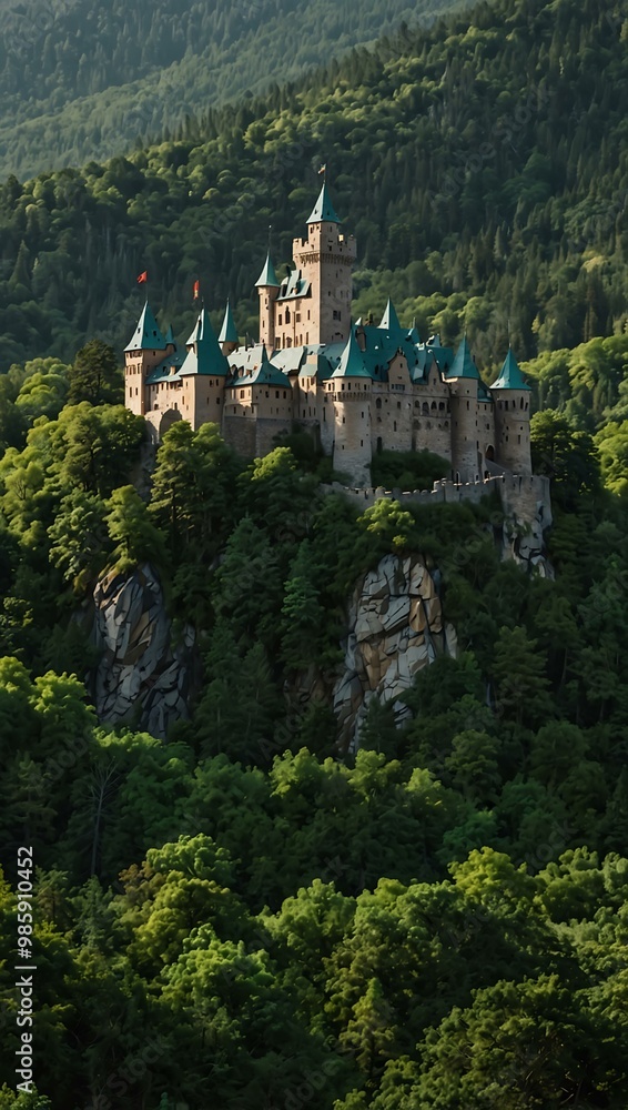 Castle atop a mountain surrounded by tall emerald trees. Castle atop a mountain surrounded by tall emerald trees.
