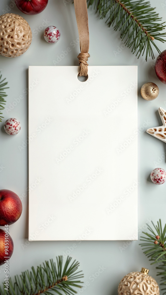 Fototapeta premium White blank paper greeting card with eco Christmas decorations, holidays festive mock up