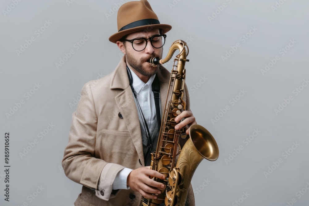 Fototapeta premium A man dressed in a suit and hat plays a saxophone, great for jazz or music-themed projects