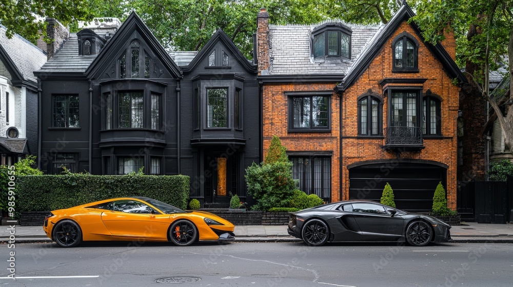 Fototapeta premium A luxurious mansion with a fancy car in front contrasted with a tiny, rundown house on the same street, representing rich vs poor