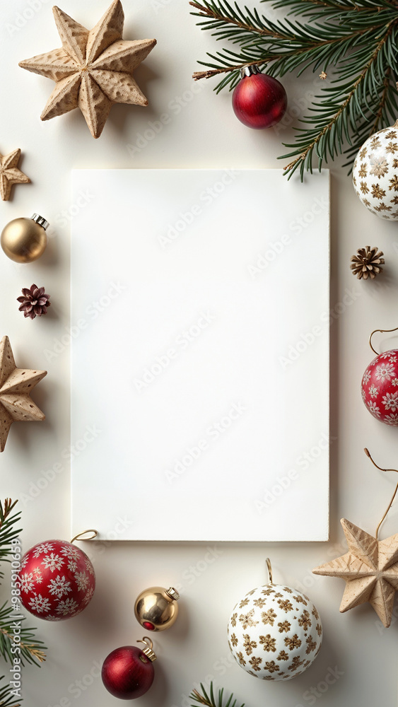 Fototapeta premium White blank paper greeting card with eco Christmas decorations, holidays festive mock up