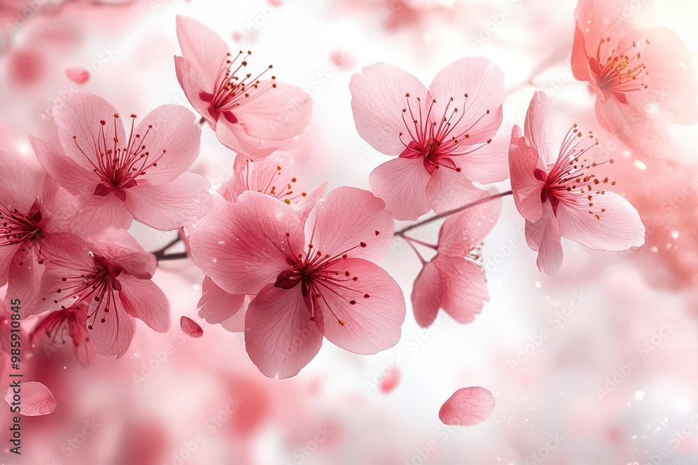 Obraz premium ethereal scene of cherry blossom petals gracefully falling against a soft white background delicate pink hues and intricate petal details create a serene minimalist composition