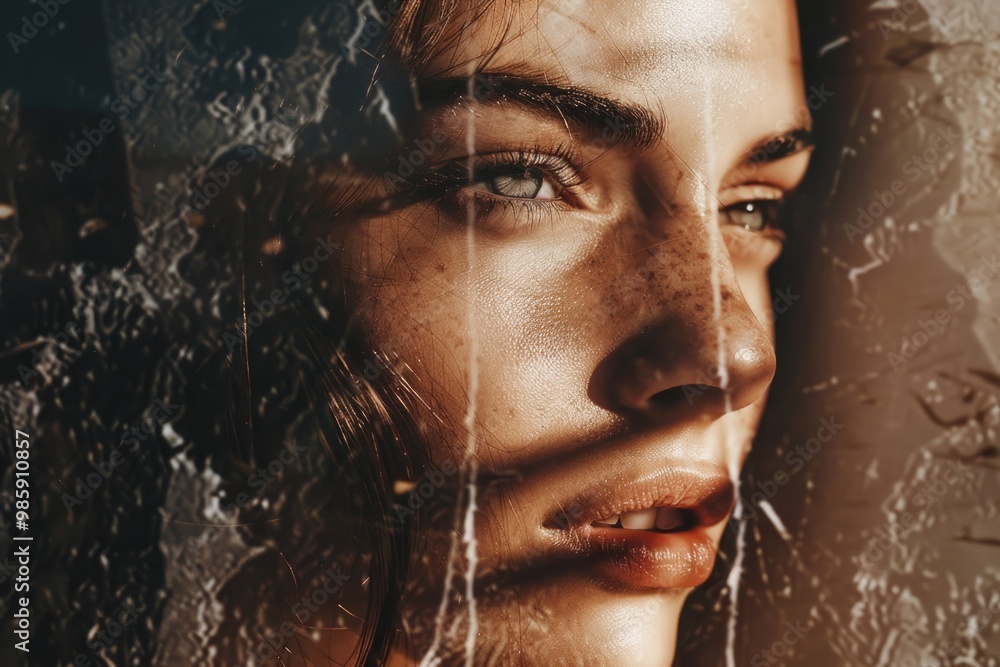 Fototapeta premium A close-up shot of a woman's face looking out from behind a window, possibly feeling isolated or confined