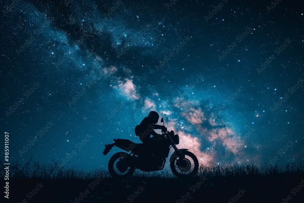Motorcyclist riding in field silhouetted against clear starry night sky, capturing tranquility of nature, rider becomes symbol of freedom and human spirit connection to vastness of universe Motorcyclist riding in field silhouetted against clear starry night sky, capturing tranquility of nature, rider becomes symbol of freedom and human spirit connection to vastness of universe