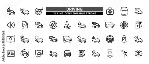 36 Driving Line Icons Set Pack Editable Stroke Vector Illustration.