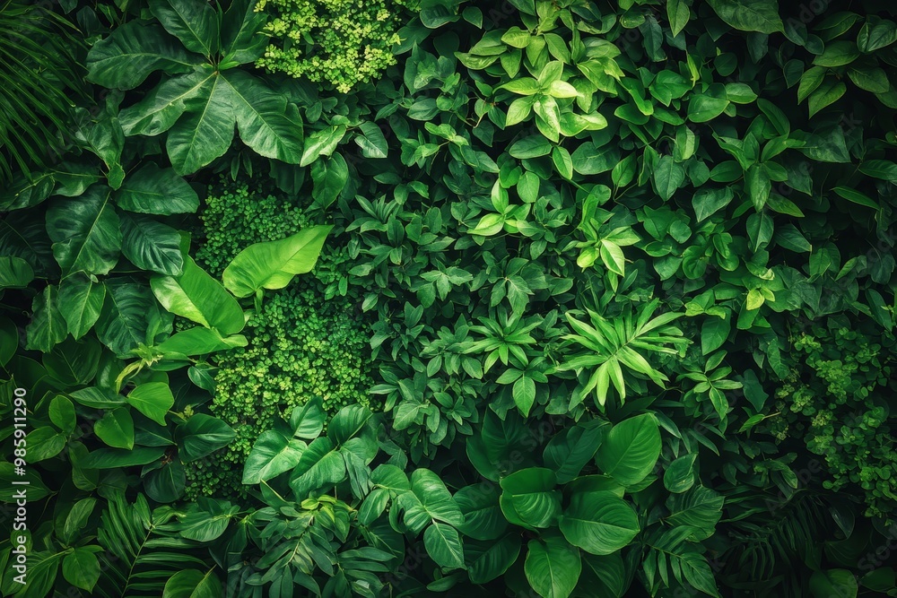 Obraz premium Lush Green Foliage Wall - A vibrant and textured background featuring a dense collection of green leaves, perfect for nature-inspired designs, home decor, and botanical themes.
