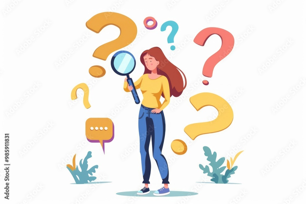 A woman holds a magnifying glass in front of question marks, potentially searching for answers or clues A woman holds a magnifying glass in front of question marks, potentially searching for answers or clues
