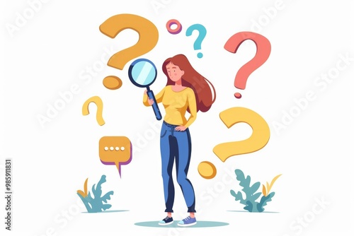 A woman holds a magnifying glass in front of question marks, potentially searching for answers or clues