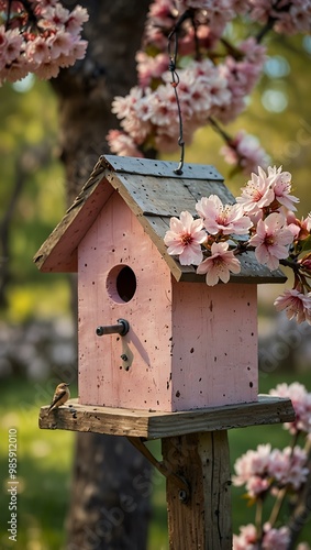 Charming birdhouse surrounded by pink cherry blossoms in a peaceful spring scene.