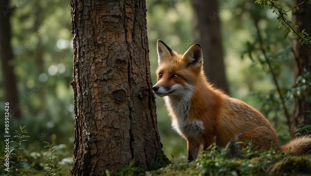 Charming foxes peering from a tree in a natural setting. Charming foxes peering from a tree in a natural setting.