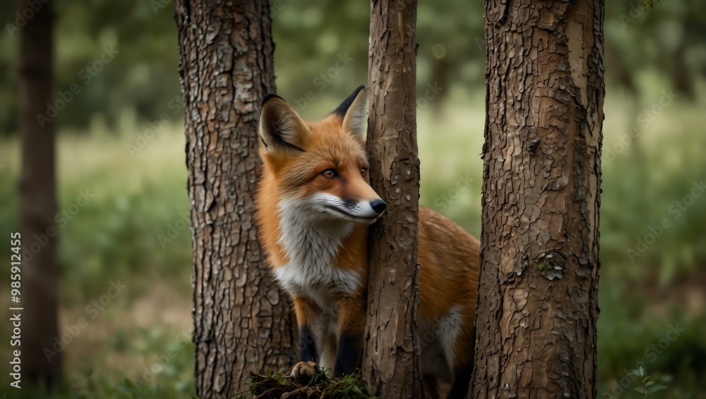 Charming foxes peering from a tree in a natural setting. Charming foxes peering from a tree in a natural setting.