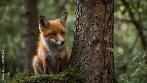 Charming foxes peering from a tree in a natural setting.