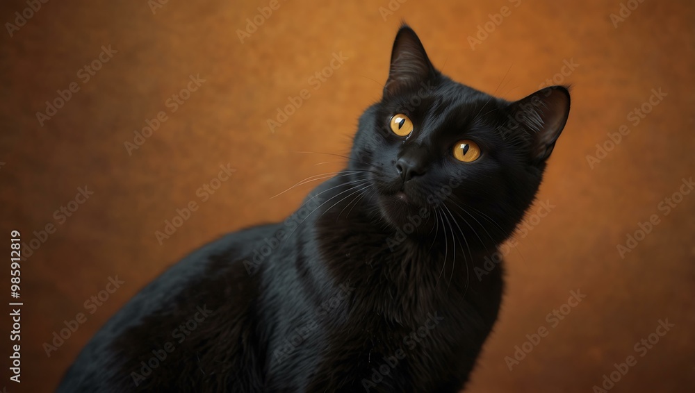 Cheerful black cat with a smile against an orange background. Cheerful black cat with a smile against an orange background.