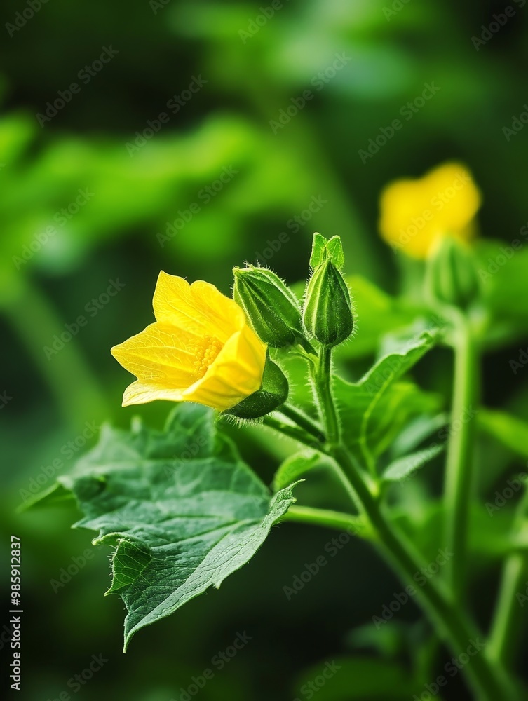Okra Flower Blooming in a Green Garden, showcasing the vibrant yellow bloom of the okra plant, a symbol of growth, fertility, and culinary versatility. Okra Flower Blooming in a Green Garden, showcasing the vibrant yellow bloom of the okra plant, a symbol of growth, fertility, and culinary versatility.