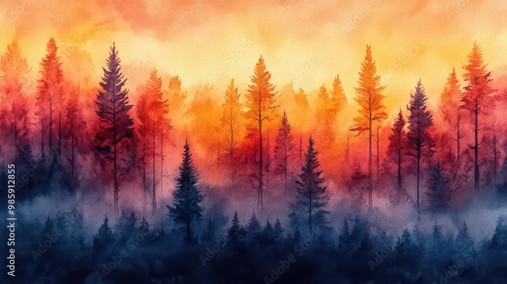 Fototapeta premium ethereal watercolor forest with misty silhouettes of trees in various seasons blending vibrant autumn hues with soft spring pastels and cool winter tones