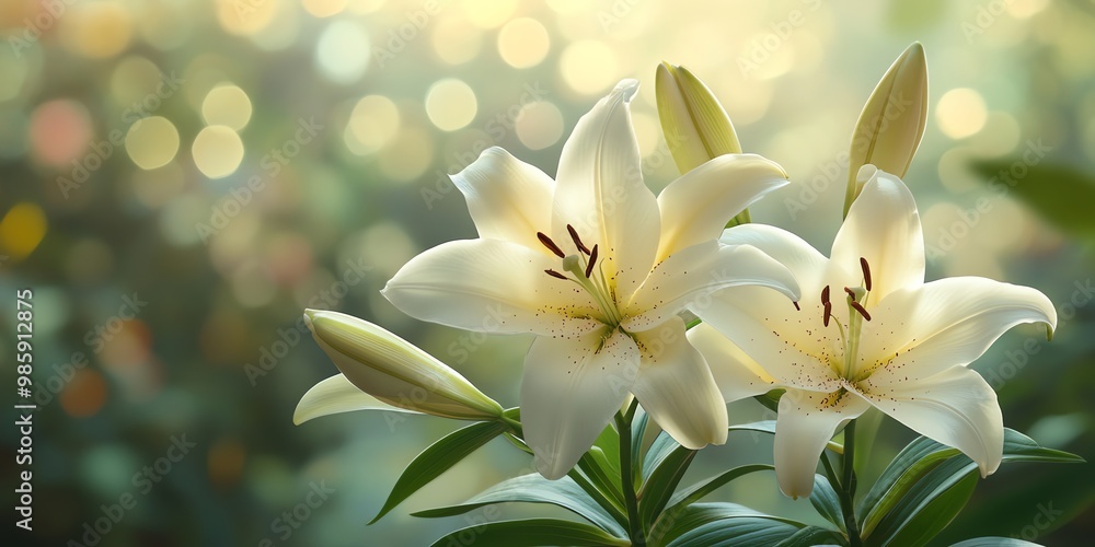 Two white lilies with green leaves and blurred bokeh background. Two white lilies with green leaves and blurred bokeh background.