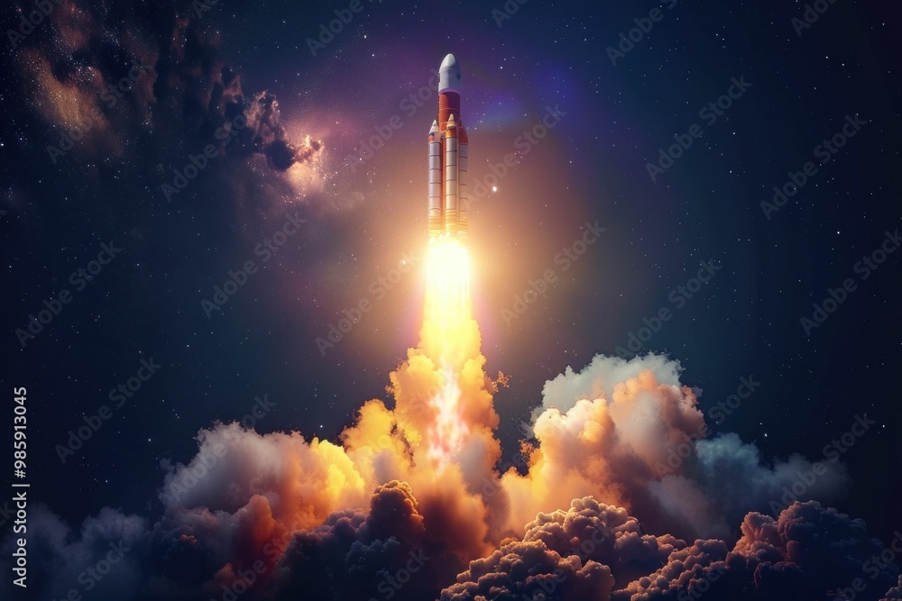 Obraz premium Rocket launching into space with vibrant flames and smoke against a starry night sky