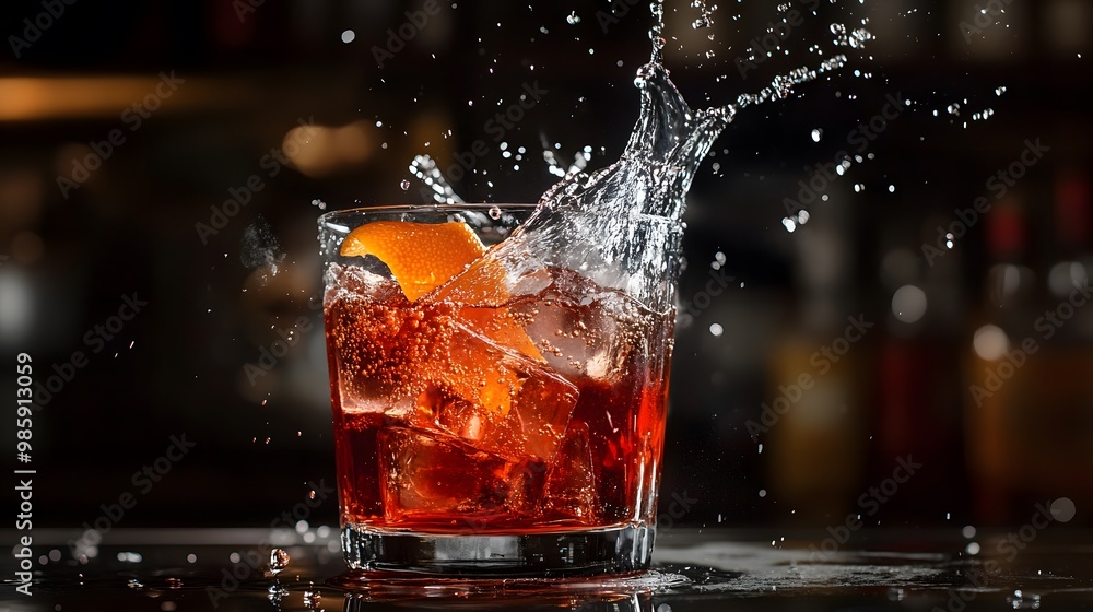 A Glass of Cold Drink with Ice and Orange Peel Splashing A Glass of Cold Drink with Ice and Orange Peel Splashing