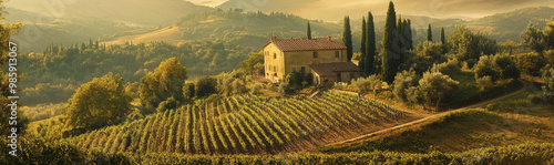 Picturesque Tuscan vineyard landscape with a charming farmhouse nestled amidst rolling hills and cypress trees. This idyllic scene evokes a sense of tranquility, beauty, and the romance of the Italian