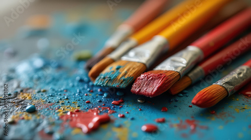 Colorful Artistic Paint Brushes: Close-Up Photography of Paintbrushes with Paint Strokes on Canvas