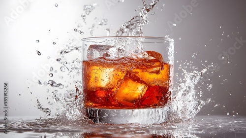 Glass of Whiskey with Ice and Water Splash photo