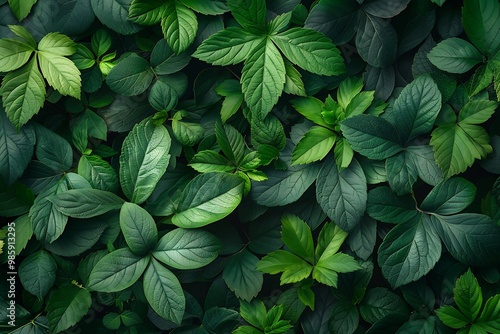 Dense green foliage vibrant leaves and natural patterns creating a lush nature background perfect for botanical or outdoorthemed designs photo