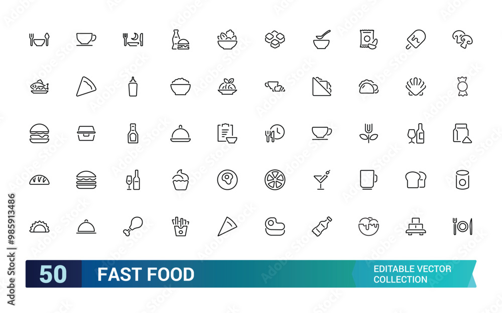 Fast food line icons set. Burger, donut, french fries, hot dog, kabab, pizza, ice cream, pizza Thin signs for restaurant menu. Editable Strokes icons set. Fast food line icons set. Burger, donut, french fries, hot dog, kabab, pizza, ice cream, pizza Thin signs for restaurant menu. Editable Strokes icons set.