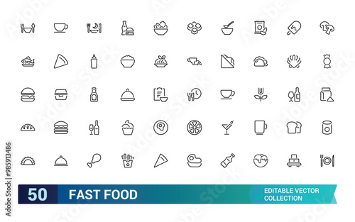 Fast food line icons set. Burger, donut, french fries, hot dog, kabab, pizza, ice cream, pizza Thin signs for restaurant menu. Editable Strokes icons set.