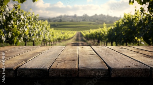 Rustic wooden tabletop with a beautiful vineyard in the background. Perfect for showcasing food, beverages, or products related to wine, nature, and rural living. photo