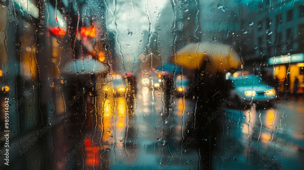 Fototapeta premium A view through a rain-covered window of a busy city street illuminated by nighttime lights.