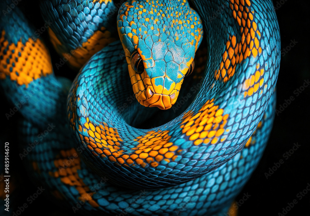 Fototapeta premium Exotic Snake with Blue and Orange Scales in High-Detail Close-Up