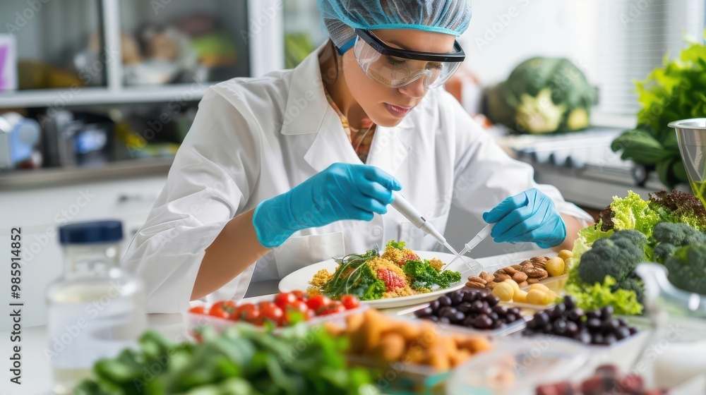 Scientist analyzing a food DNA sample in a laboratory, genetic modification, food science and nutrition Scientist analyzing a food DNA sample in a laboratory, genetic modification, food science and nutrition
