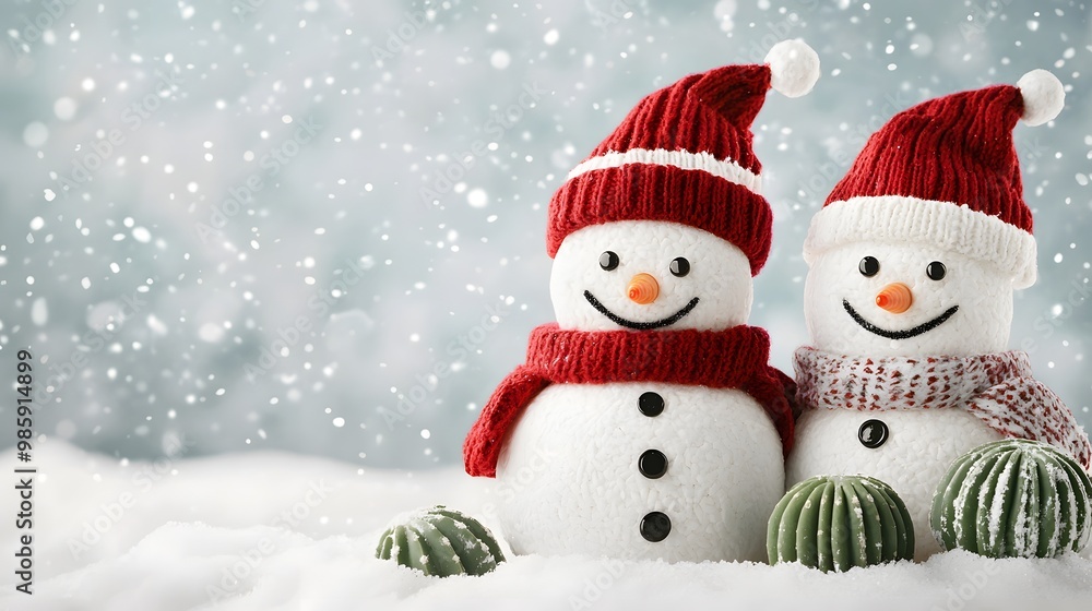 Two cheerful snowmen in red hats and scarves, surrounded by snowfall, embodying the festive spirit of winter and the holiday season. Two cheerful snowmen in red hats and scarves, surrounded by snowfall, embodying the festive spirit of winter and the holiday season.