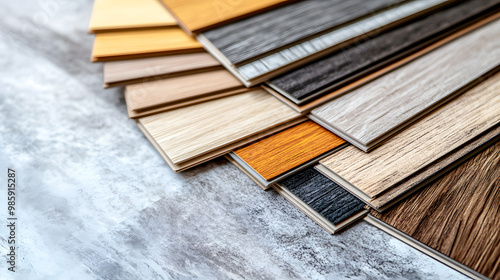 Vinyl plank flooring samples in bold colors, with textured surfaces mimicking real wood and stone photo