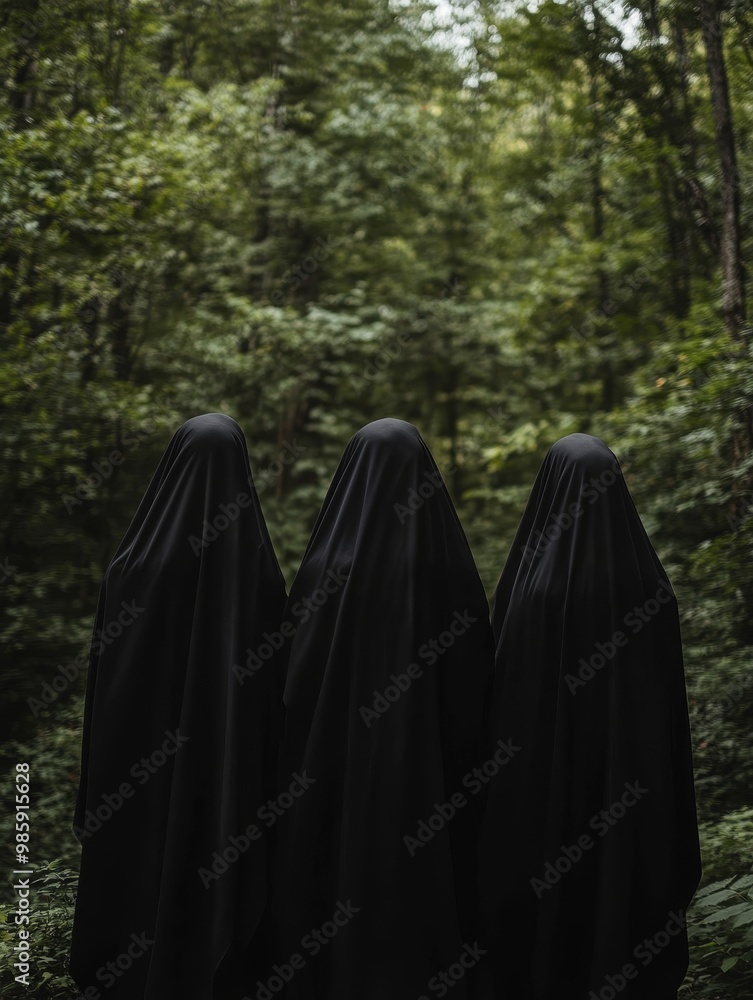 Three hooded figures stand in a dark and dense forest, creating an eerie and enigmatic atmosphere. The figures represent secrecy, mystery, and the unknown. Three hooded figures stand in a dark and dense forest, creating an eerie and enigmatic atmosphere. The figures represent secrecy, mystery, and the unknown.
