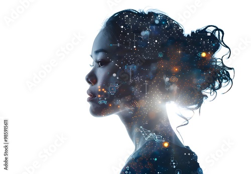Artificial Intelligence and Human Wonderment, digital technology background with female profile silhouette and glowing icons on white backdrop, double exposure concept of futuristic AI robot or artifi