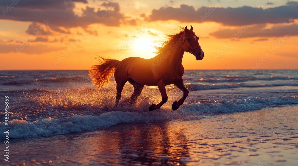a horse runs along the seafront at sunset a horse runs along the seafront at sunset