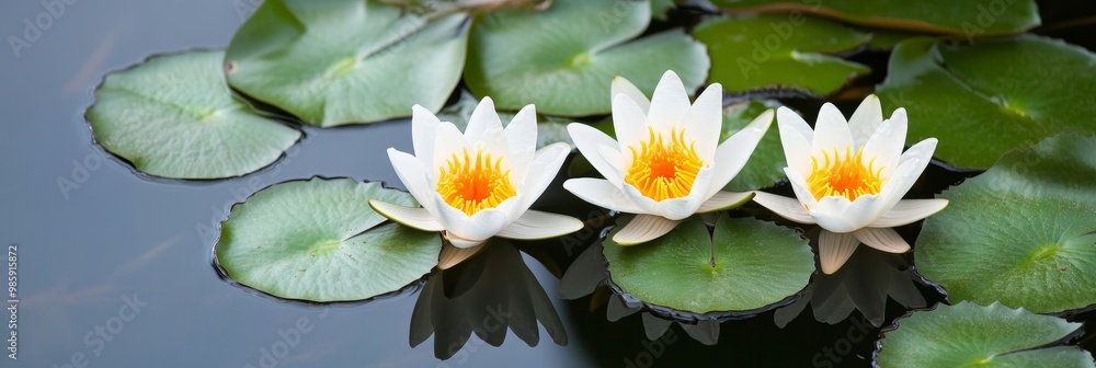 Three white water lilies in full bloom, nestled in a serene pond, reflecting peace, purity, and the beauty of nature. Three white water lilies in full bloom, nestled in a serene pond, reflecting peace, purity, and the beauty of nature.