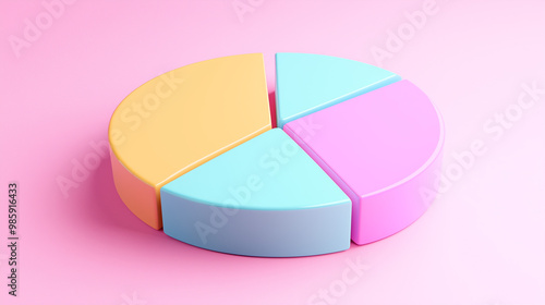 3D Pie Chart with Pastel Colors on a Pink Background. A playful and modern representation of a pie chart in soft pastel colors,