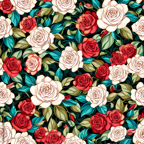 Seamless floral pattern, Illustration of flowers, stumpwork embroidery style