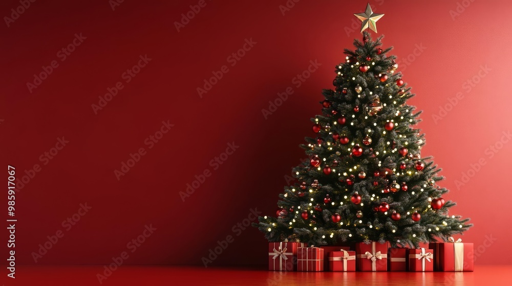 Xmas tree, decorated with lights and ornaments on isolated background. Festive event with tradition ambience. Xmas tree, decorated with lights and ornaments on isolated background. Festive event with tradition ambience.
