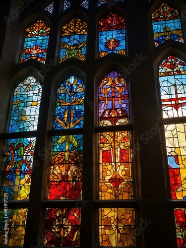 Close-up of a church featuring abstract stained glass patterns illuminated by sunlight.