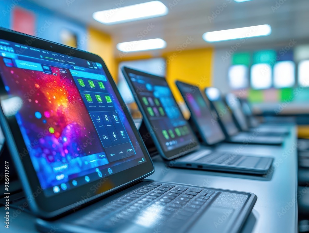 Education technology in use in a classroom with tablets and interactive displays, modern style, sharp focus, bright lighting Education technology in use in a classroom with tablets and interactive displays, modern style, sharp focus, bright lighting