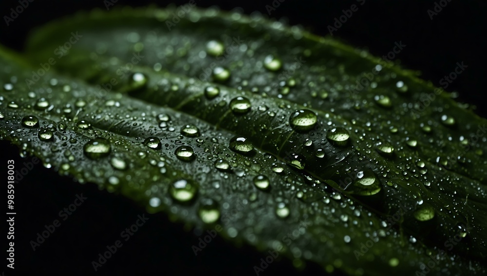 Close-up of a green leaf with water droplets on a black backdrop. Close-up of a green leaf with water droplets on a black backdrop.