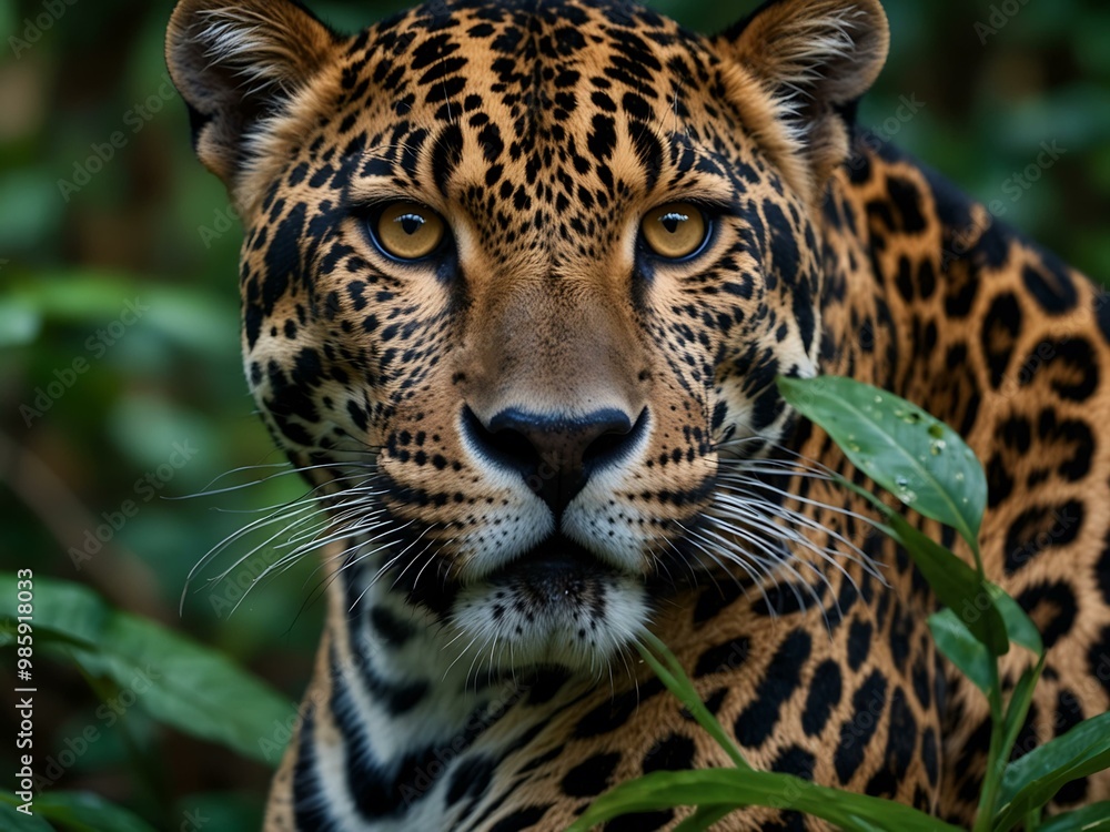 Close-up of a jaguar's face in lush jungle foliage, piercing eyes in focus. Close-up of a jaguar's face in lush jungle foliage, piercing eyes in focus.