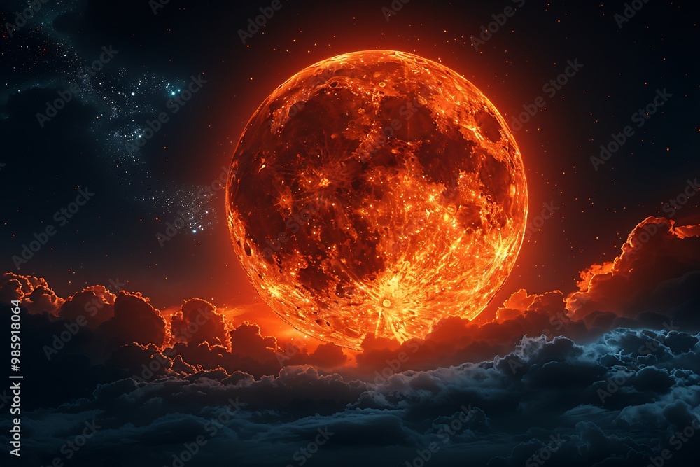Dramatic red moon glowing against dark night sky with wisps of clouds creating an eerie and atmospheric lunar scene perfect for fantasy or celestial designs Dramatic red moon glowing against dark night sky with wisps of clouds creating an eerie and atmospheric lunar scene perfect for fantasy or celestial designs