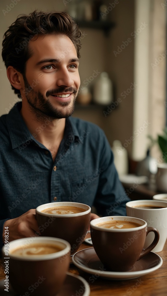 Close-up of a man serving coffee in cups. Close-up of a man serving coffee in cups.
